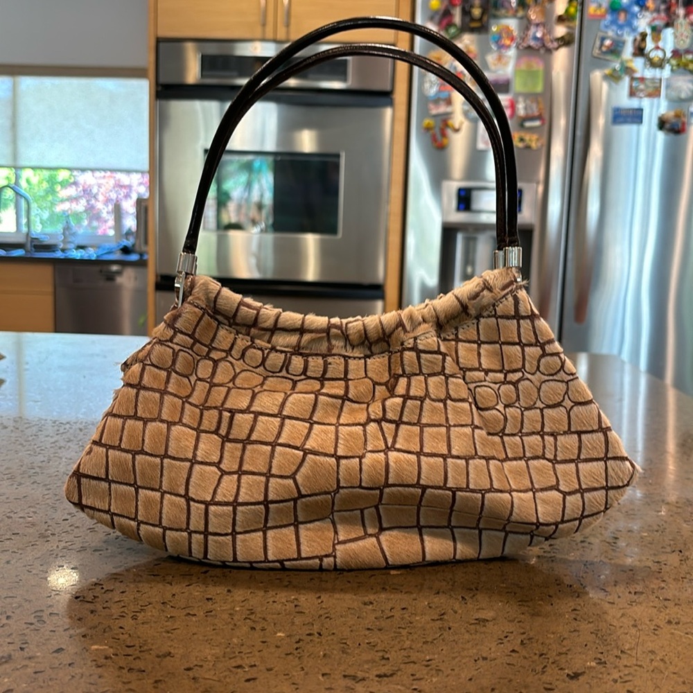 Vintage Brown/Beige Pony Hair Moschino Shoulder bag. With leather straps.